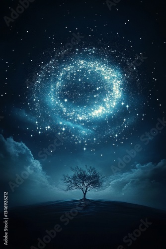 Obraz na płótnie A serene night scene featuring a solitary tree under a swirling galaxy of stars, evoking a sense of wonder and tranquility. w salonie