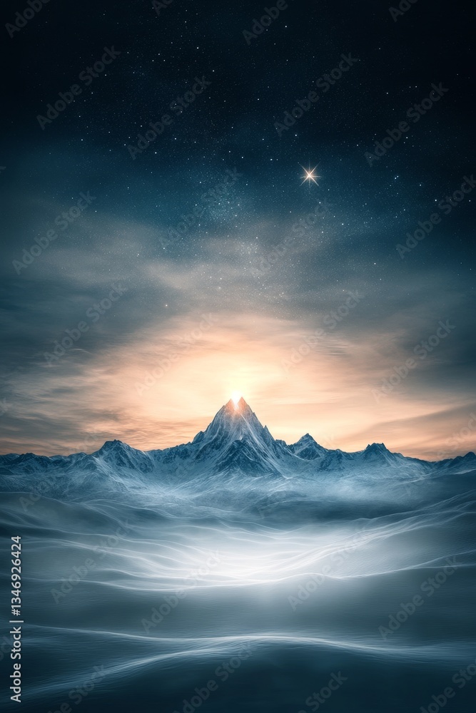 A stunning digital landscape featuring a majestic mountain illuminated by a starry sky, creating a serene and magical atmosphere.