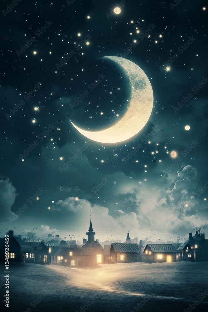 A serene night scene featuring a crescent moon above a quaint village illuminated by soft lights, surrounded by a starry sky.