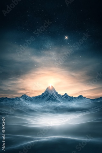 Obraz na płótnie A stunning digital landscape featuring a majestic mountain illuminated by a starry sky, creating a serene and magical atmosphere. w salonie