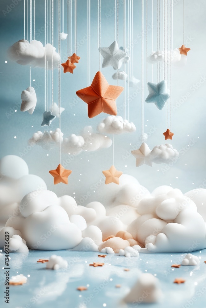 A whimsical scene of hanging stars and fluffy clouds, creating a dreamy atmosphere with soft colors and playful elements.