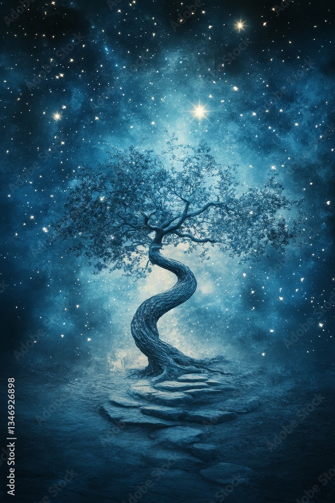 A mystical tree stands against a starry night background, twisting elegantly as it reaches for the cosmos, evoking a sense of wonder and tranquility.