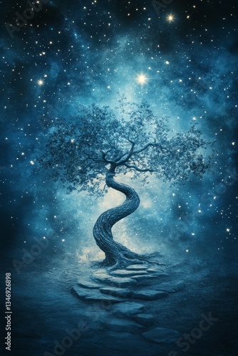 Obraz na płótnie A mystical tree stands against a starry night background, twisting elegantly as it reaches for the cosmos, evoking a sense of wonder and tranquility. w salonie