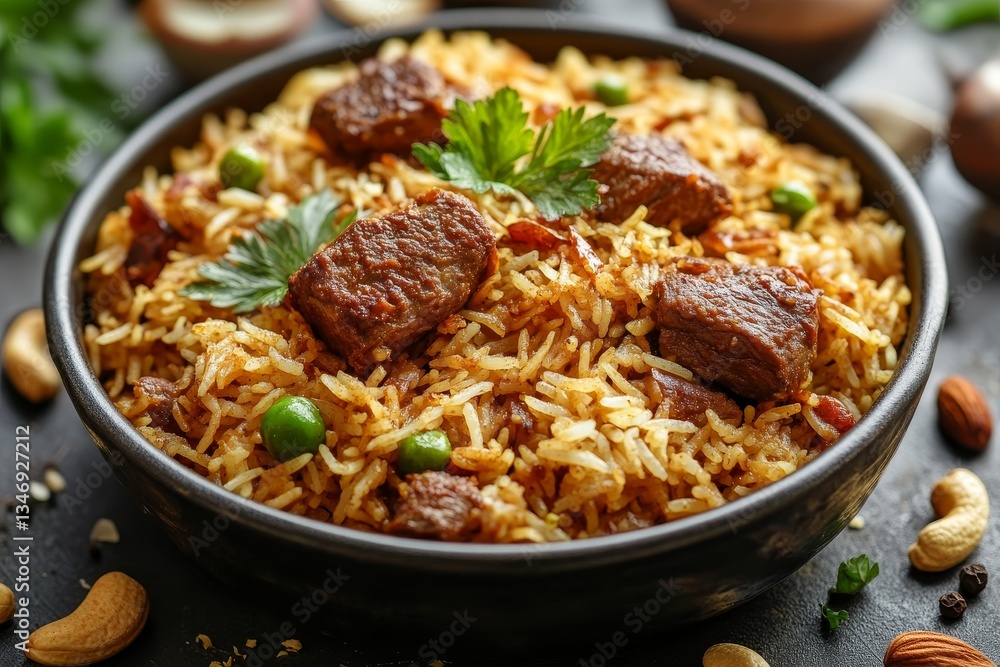 Savory rice dish with tender meat, herbs, and nuts served in a dark bowl Savory rice dish with tender meat, herbs, and nuts served in a dark bowl