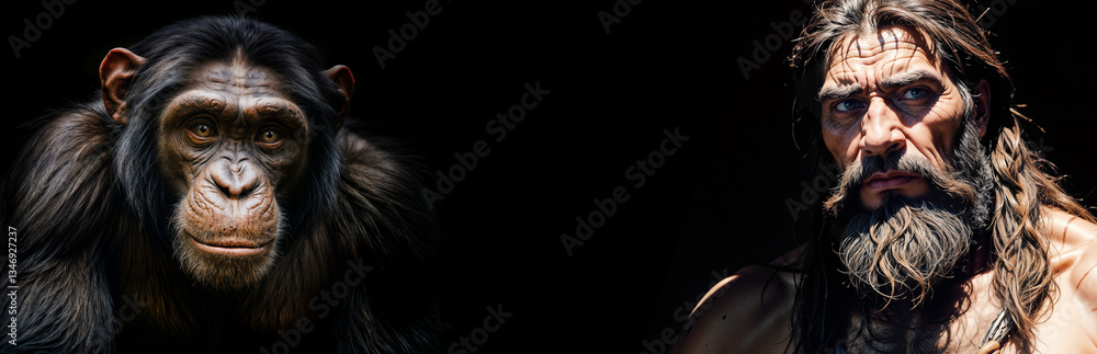 Human evolution concept. Ancient man, Cro-Magnon man and chimpanzee, which is the closest living relative of human, isolated on a black background, banner. Created using generative AI tools