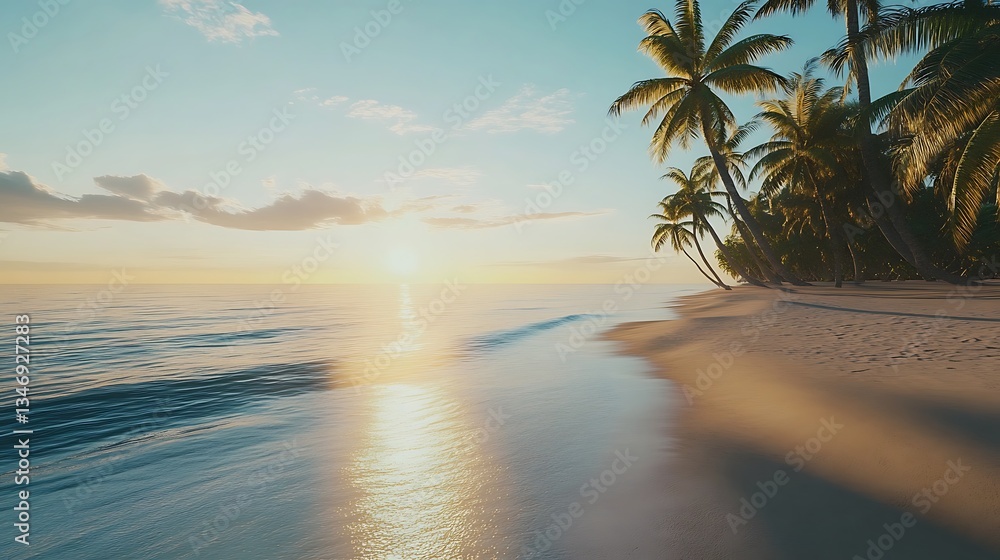 Fototapeta premium Stunning tropical beach with palm trees and sunset reflections on water high resolution wallpaper