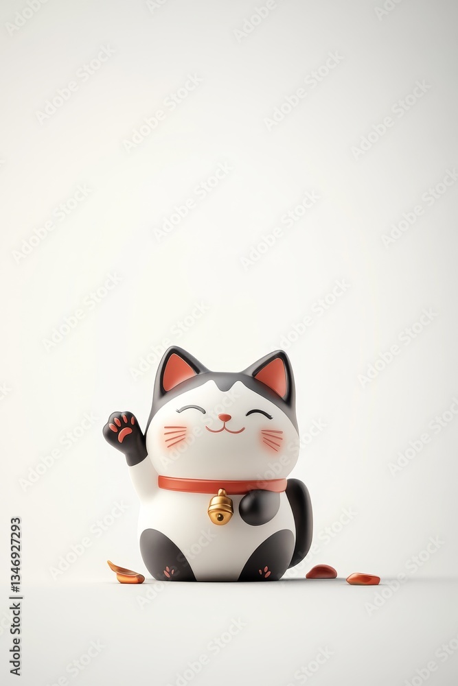 A cute, cartoonish cat figurine with a bell, waving cheerfully, set against a minimalist background, radiating charm and positivity.