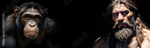 Obraz na płótnie Human evolution concept. Ancient man, Cro-Magnon man and chimpanzee, which is the closest living relative of human, isolated on a black background, banner. Created using generative AI tools w salonie