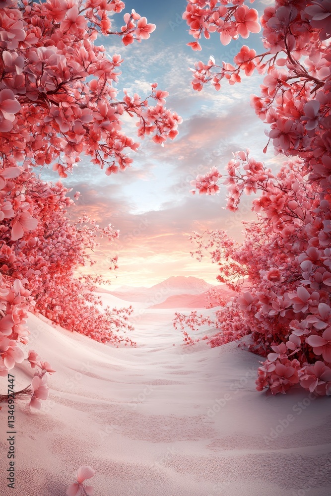 A serene landscape featuring blooming pink flowers framing a sandy path leading to a soft sunset over distant mountains.