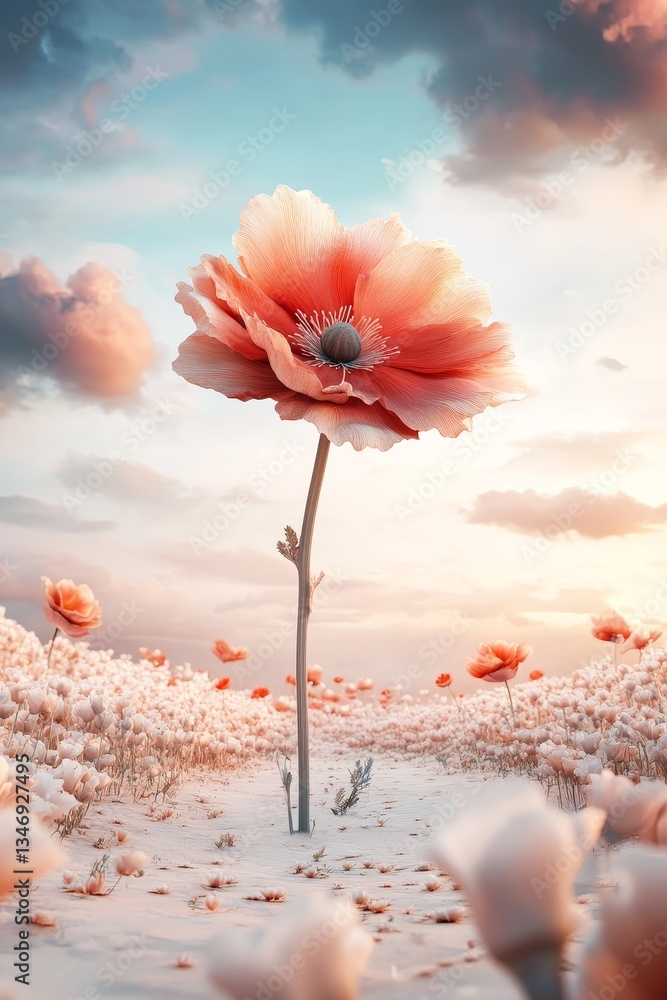 A stunning landscape featuring a large peach-colored flower surrounded by a field of smaller blooms under a vibrant sky.