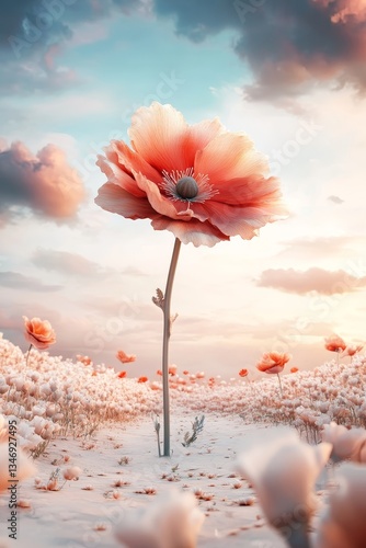 Obraz na płótnie A stunning landscape featuring a large peach-colored flower surrounded by a field of smaller blooms under a vibrant sky. w salonie