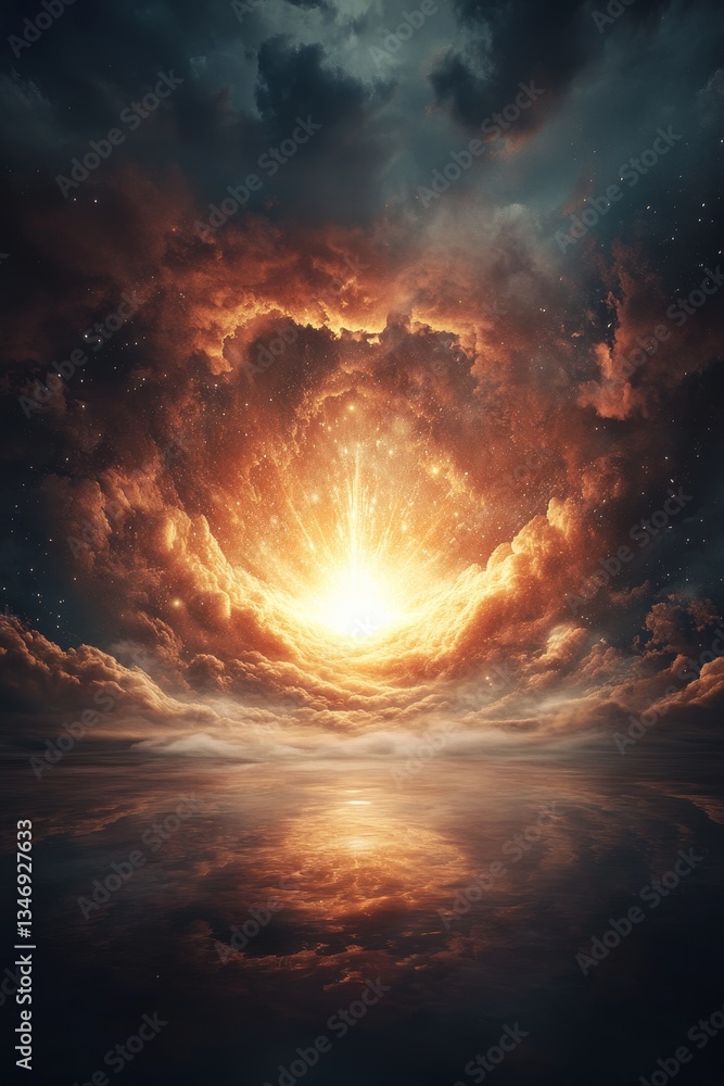 A dramatic cosmic scene featuring an explosion of light amidst swirling clouds, reflecting on a tranquil water surface, creating a mesmerizing and otherworldly atmosphere.