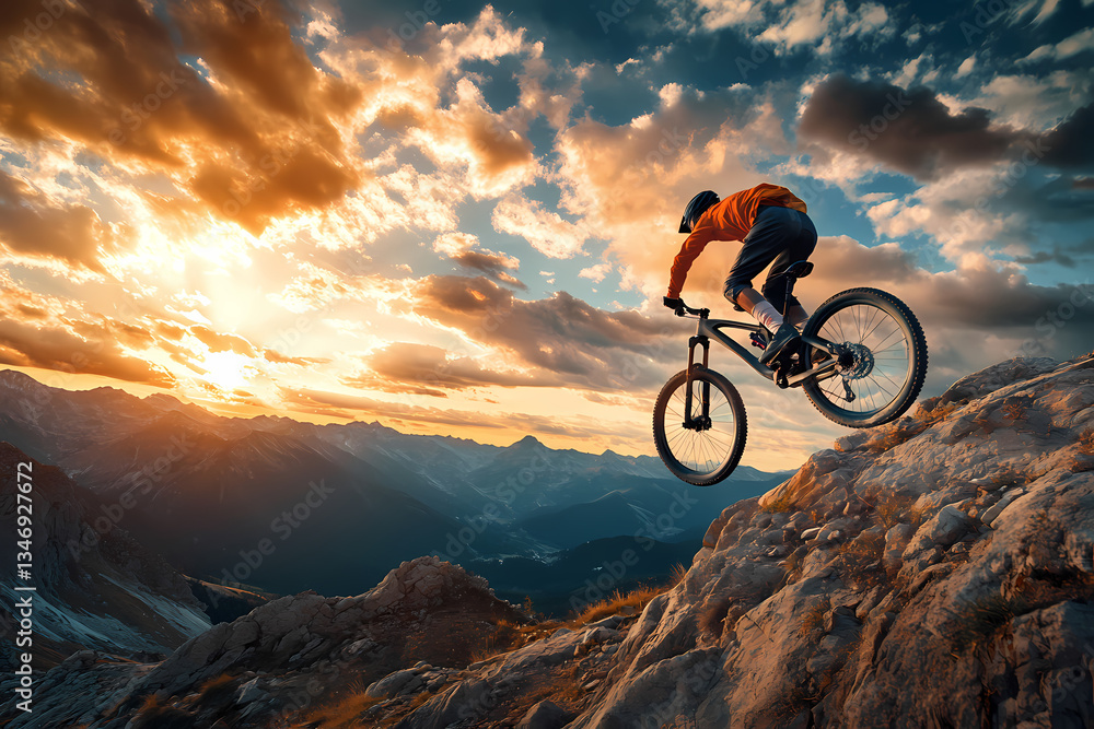 Conquering the Peaks: A mountain biker soars effortlessly across rugged terrain against a dramatic sunset backdrop. Capturing adventure and triumph Conquering the Peaks: A mountain biker soars effortlessly across rugged terrain against a dramatic sunset backdrop. Capturing adventure and triumph
