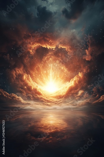 Obraz na płótnie A dramatic cosmic scene featuring an explosion of light amidst swirling clouds, reflecting on a tranquil water surface, creating a mesmerizing and otherworldly atmosphere. w salonie