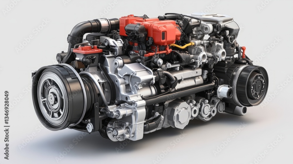 A diesel engine 3D render with visible fuel injection systems, showcased on a neutral white surface A diesel engine 3D render with visible fuel injection systems, showcased on a neutral white surface