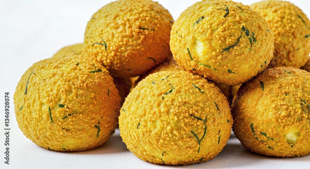 Crispy Golden Courgette Balls, Showcasing Their Textured, Uneven Surface and Vibrant Golden-Brown Hue Crispy Golden Courgette Balls, Showcasing Their Textured, Uneven Surface and Vibrant Golden-Brown Hue
