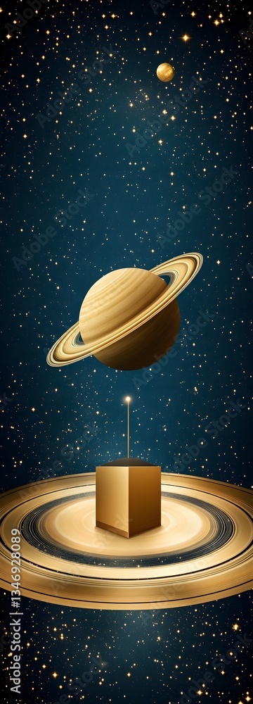 A podium standing on the golden rings of Saturn, with space stretching infinitely.