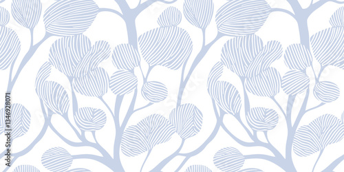 Minimal seamless pattern with tree silhouettes, branches, seaweeds. Vector abstract botanical ornament. Simple linear doodle style background. Subtle light blue and white texture. Repeated design