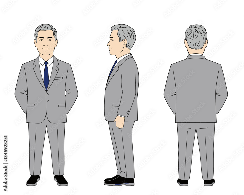 A cute chibi-style cartoon chubby middle-aged businessman, three views, front, side, back A cute chibi-style cartoon chubby middle-aged businessman, three views, front, side, back