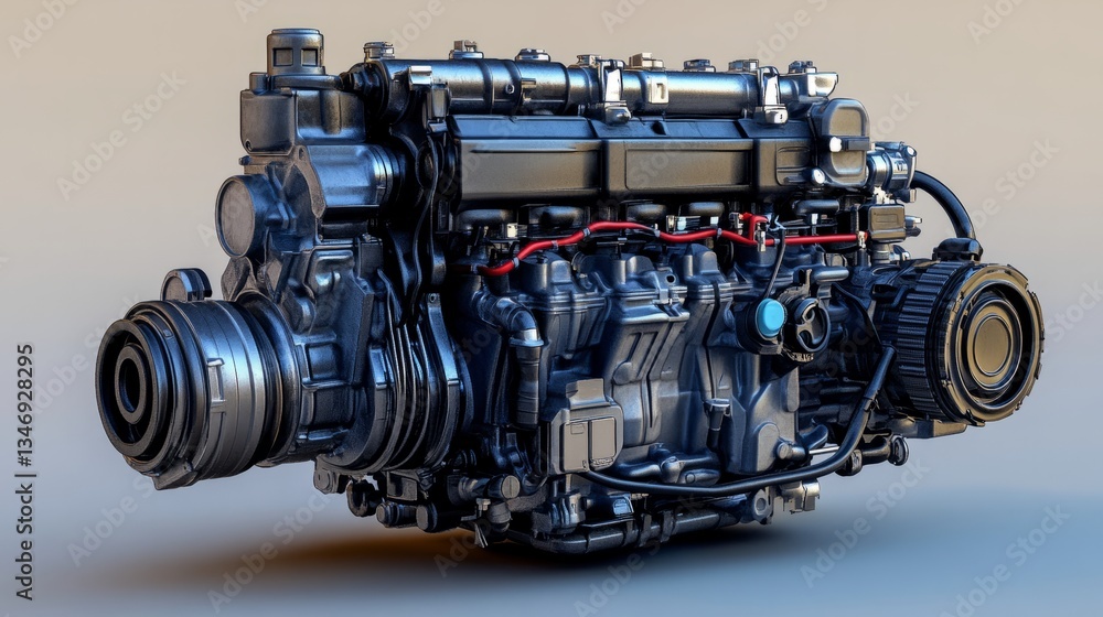 A diesel engine 3D render with visible fuel injection systems, showcased on a neutral white surface A diesel engine 3D render with visible fuel injection systems, showcased on a neutral white surface