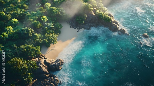 Vibrant subtropical beach with soft waves, dense vegetation, and blue sky high resolution wallpaper