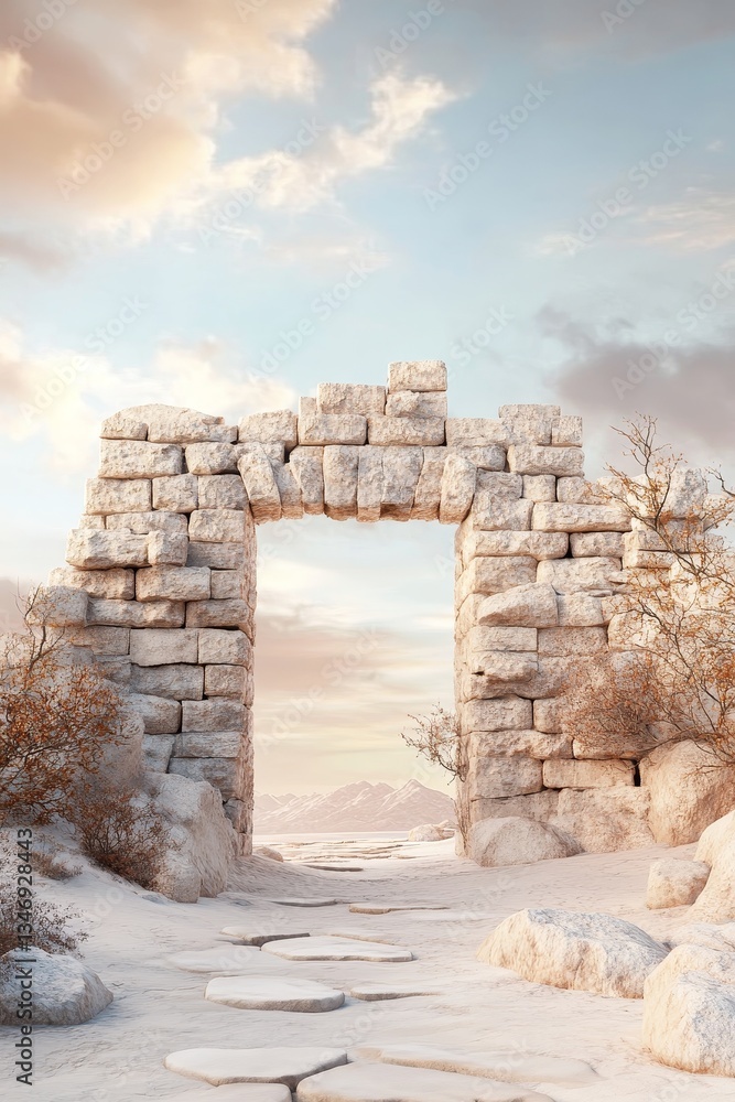 A stunning stone archway stands against a serene landscape, leading to distant mountains under a softly lit sky.