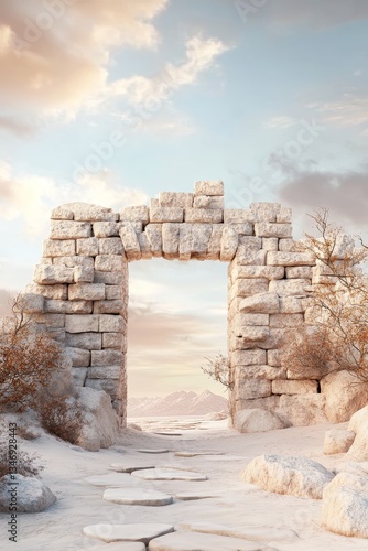 Obraz na płótnie A stunning stone archway stands against a serene landscape, leading to distant mountains under a softly lit sky. w salonie