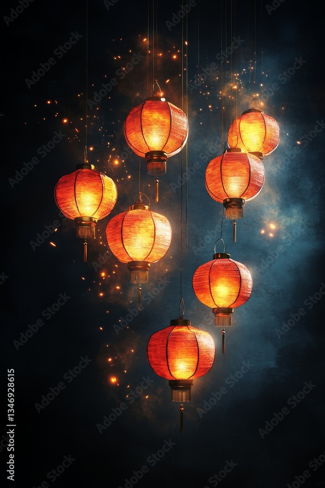 A group of glowing red lanterns suspended against a dark background, creating a warm and festive atmosphere with a hint of sparkle.