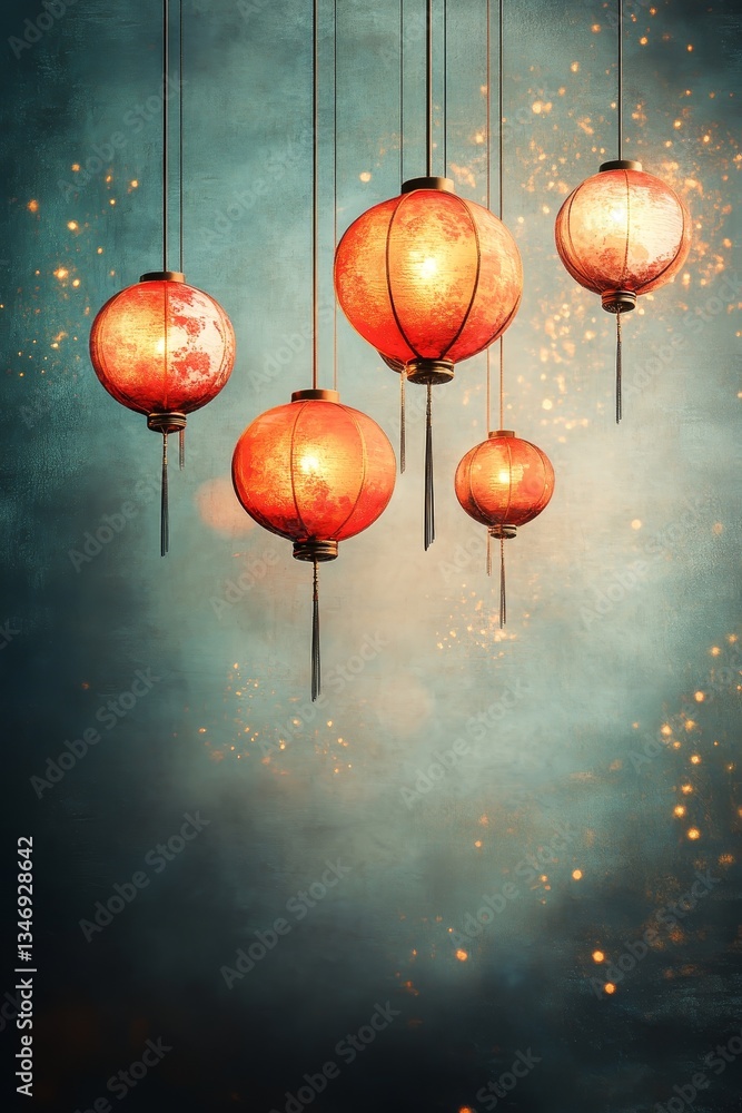 A serene image of glowing red lanterns hanging against a soft blue background, creating a warm and inviting atmosphere with subtle sparkles.