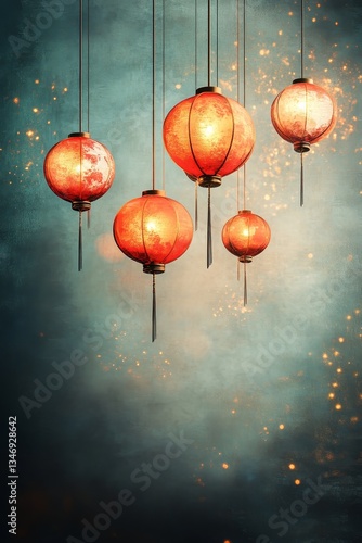 Obraz na płótnie A serene image of glowing red lanterns hanging against a soft blue background, creating a warm and inviting atmosphere with subtle sparkles. w salonie