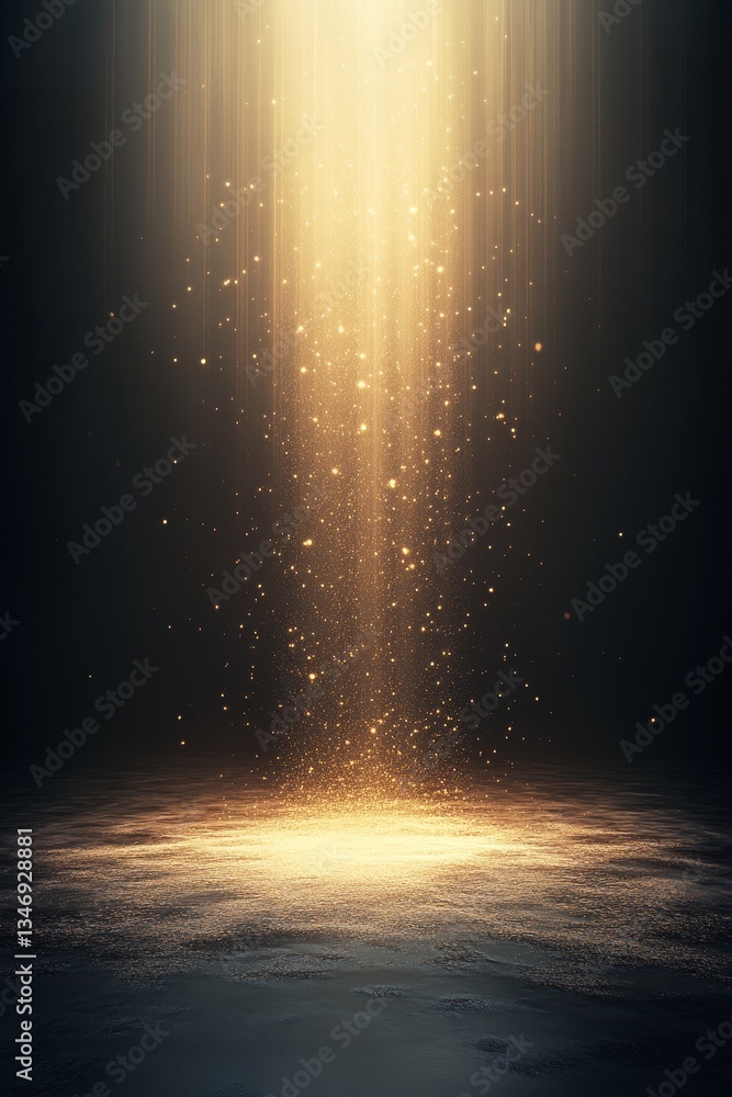 A mesmerizing beam of golden light cascades downward, creating a magical effect with sparkling particles in a dark setting.