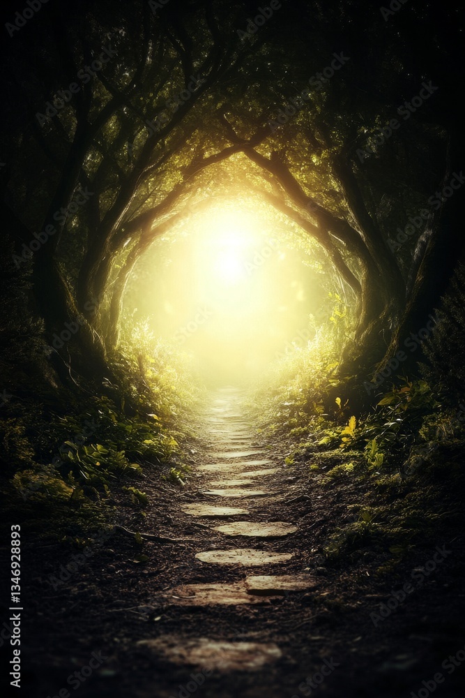 A serene path illuminated by soft light, surrounded by lush foliage, creating a tranquil atmosphere that invites exploration.