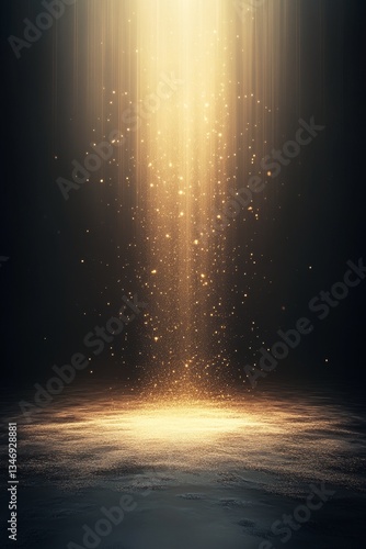 Obraz na płótnie A mesmerizing beam of golden light cascades downward, creating a magical effect with sparkling particles in a dark setting. w salonie