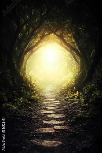 Obraz na płótnie A serene path illuminated by soft light, surrounded by lush foliage, creating a tranquil atmosphere that invites exploration. w salonie