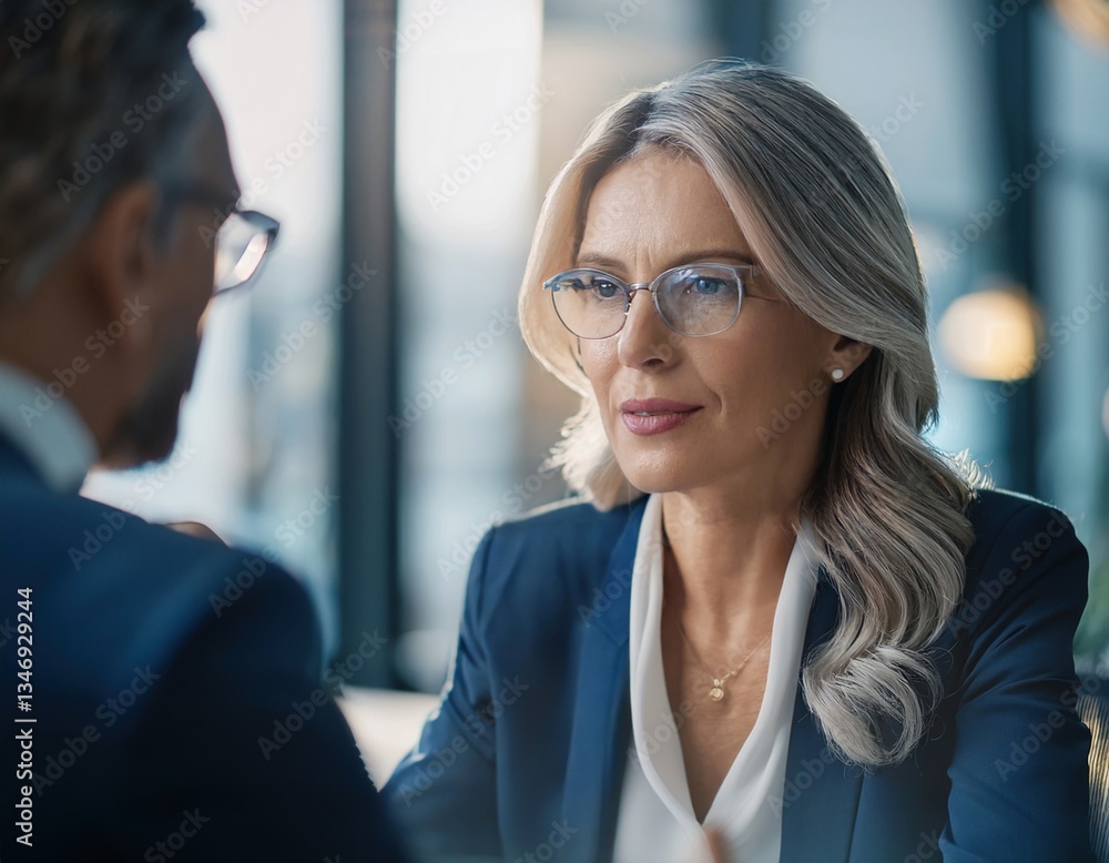 Fototapeta premium Two business professionals engage in a focused conversation inside a contemporary office atmosphere.
