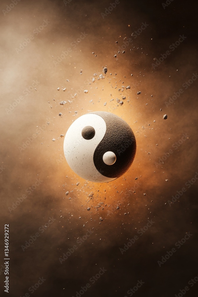 A dynamic representation of the yin-yang symbol surrounded by cosmic elements, illustrating harmony and balance in a vibrant, ethereal atmosphere.