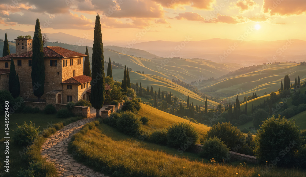Rural landscape at sunset - view of rolling hills with farmhouse surrounded by cypress trees somewhere in Tuscany, Italy. Created using generative AI tools