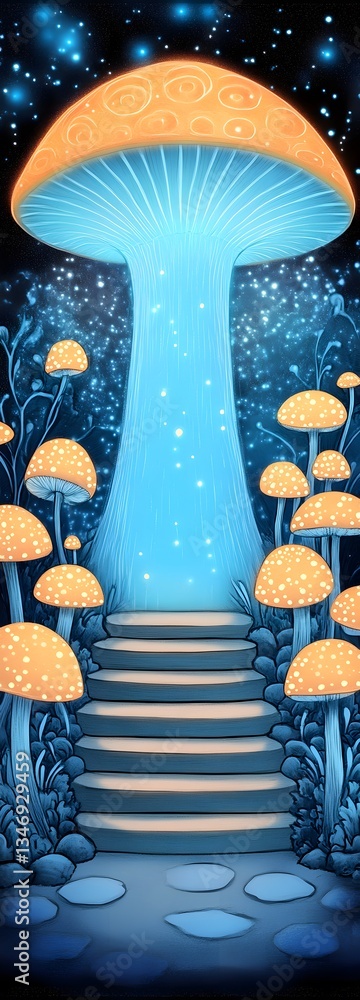 A podium hidden within an enormous glowing mushroom forest.