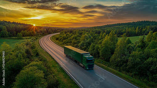 Aerial view of a green truck traveling on a highway surrounded by lush forests and fields, with a stunning sunset sky in the background during the summer season .