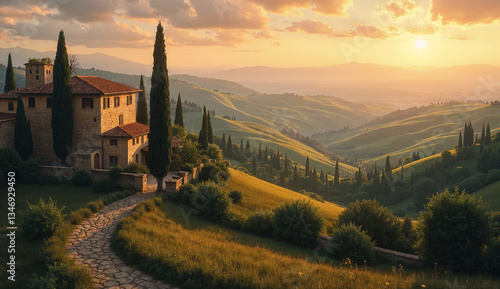 Obraz na płótnie Rural landscape at sunset - view of rolling hills with farmhouse surrounded by cypress trees somewhere in Tuscany, Italy. Created using generative AI tools w salonie