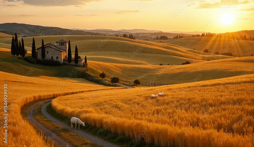 Rural landscape at sunset - view of rolling hills with wheat and sheep against the backdrop of a farmhouse surrounded by cypress trees. Created using generative AI tools
