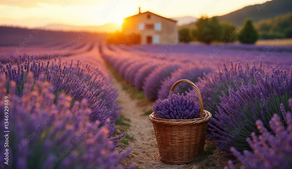 Rural landscape - view of lavender field with basket of lavender flowers in the rays of sunset, somewhere in Provence, France. Created using generative AI tools