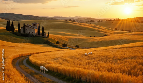 Rural landscape at sunset - view of rolling hills with wheat and sheep against the backdrop of a farmhouse surrounded by cypress trees. Created using generative AI tools