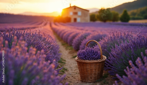 Obraz na płótnie Rural landscape - view of lavender field with basket of lavender flowers in the rays of sunset, somewhere in Provence, France. Created using generative AI tools w salonie