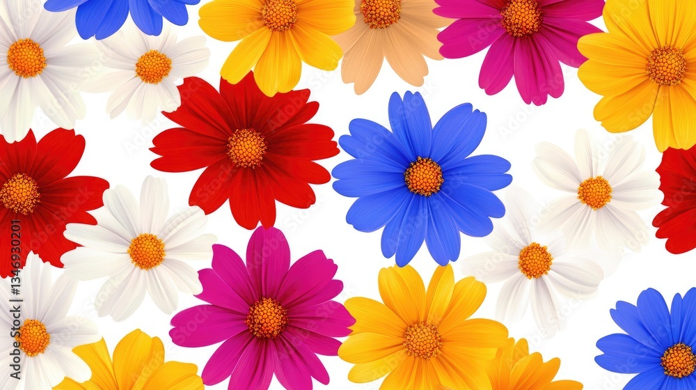 A vibrant arrangement of colorful flowers including red, blue, yellow, and white varieties on a clean background A vibrant arrangement of colorful flowers including red, blue, yellow, and white varieties on a clean background
