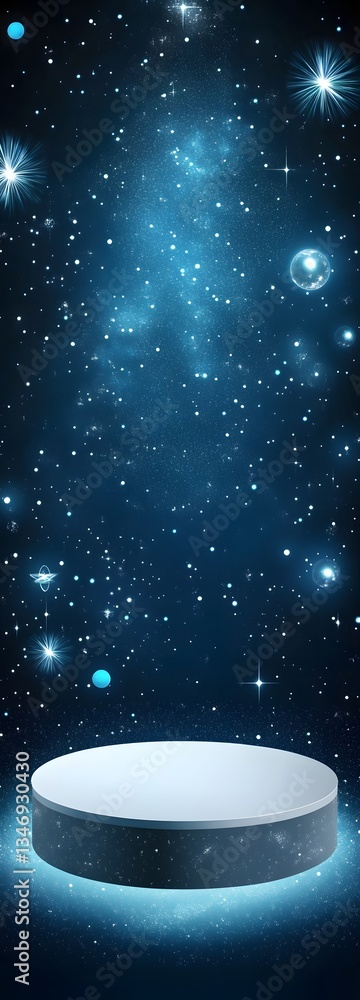 A floating podium in zero gravity, surrounded by orbiting light particles.