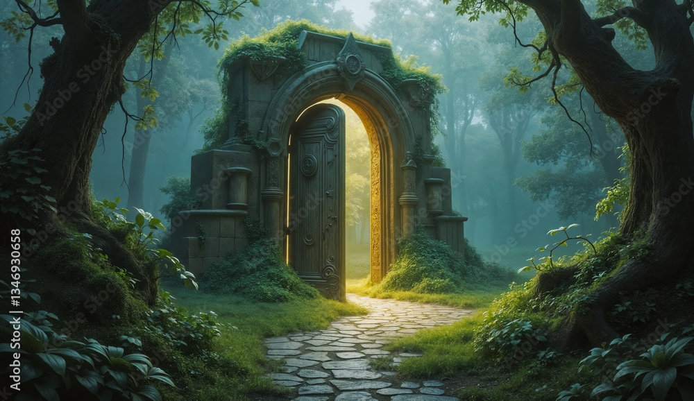 Mystical landscape - view of enigmatic door at the end of a winding path in an abandoned park. Created using generative AI tools