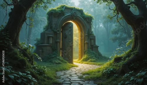 Obraz na płótnie Mystical landscape - view of enigmatic door at the end of a winding path in an abandoned park. Created using generative AI tools w salonie