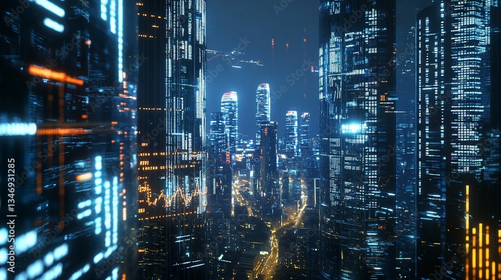 Naklejka premium Financial district night view infused with digital analytics and technology