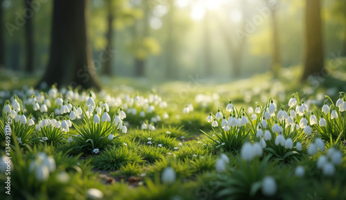Spring landscape - view of newly blossomed snowdrops on a meadow in a forest. Created using generative AI tools
